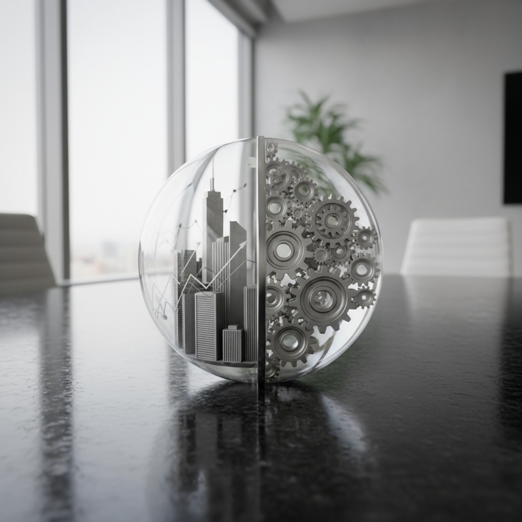 The city depicted in the machine part contains the silhouette of a skyscraper or high-rise building.