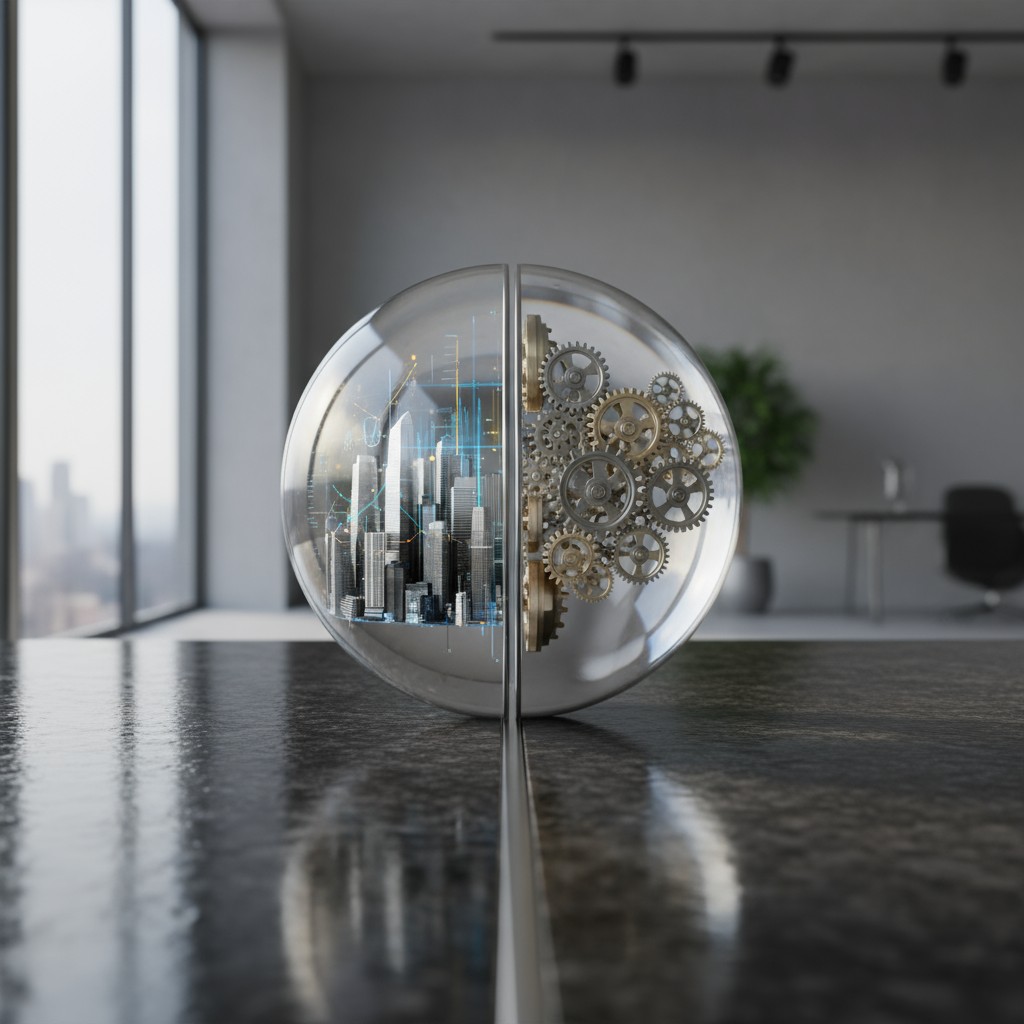 [The glass orb sits in an office setting. Cityscape and gears can be seen through the orb.]