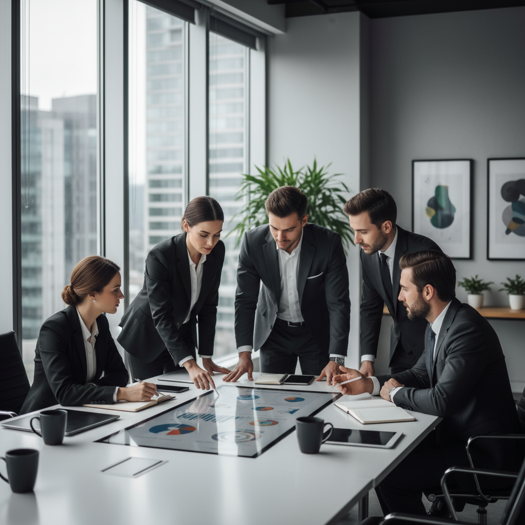 professional business consultancy team discussing strategy in modern office, clean minimal, natural lighting
