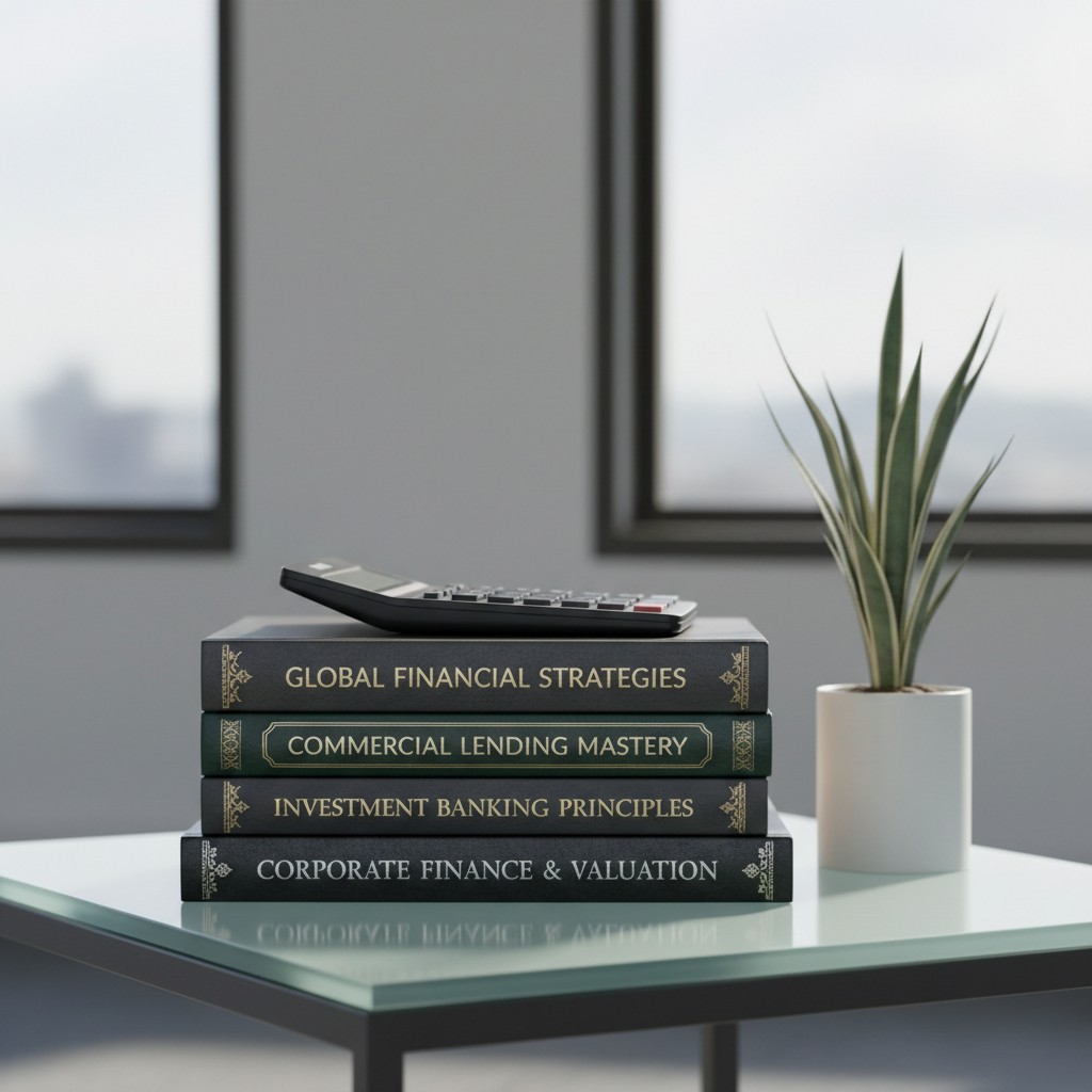 A stack of 4 books is placed on a coffee table featuring titles such as global financial strategies, commercial lending ma...