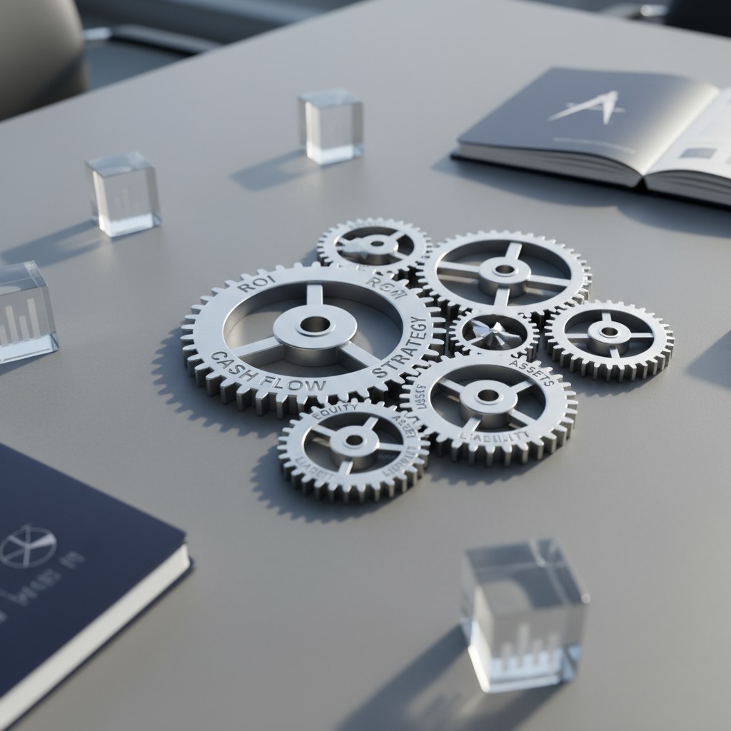 Three-dimensional model of cogs from a larger wheel - words include: R.O.I, Rental, Cash Flow, Strategy, Assets, Target, I...